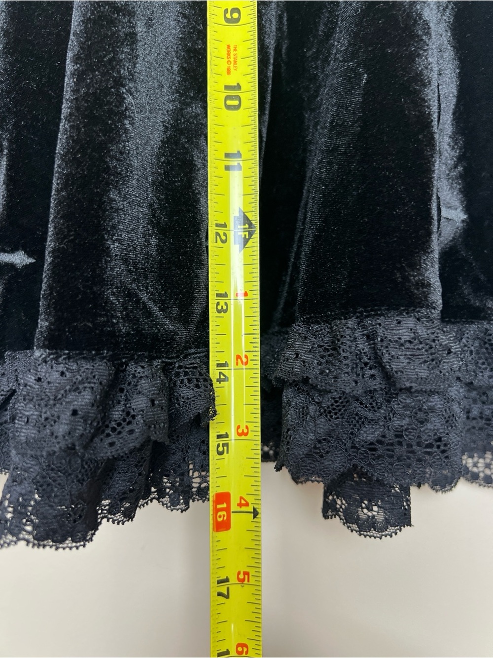 Black Velvet Gothic Mini Skater Skirt with Lace Trim & Cross Detail - Picture 3 of 7